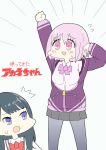  /\/\/\ 2girls arm_up ashitaba_tomorou black_hair blue_eyes bob_cut cardigan hood hoodie lavender_hair multiple_girls off_shoulder open_mouth pantyhose pink_eyes shinjou_akane short_hair smile ssss.gridman sweatdrop takarada_rikka title_parody 