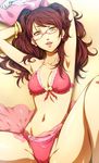  armpits arms_up bikini bracelet breasts brown_hair cameltoe cleavage dark_persona earrings frilled_bikini frills glasses hairu heart highres jewelry kujikawa_rise lips lipstick long_hair lying makeup medium_breasts naughty_face navel on_back persona persona_4 pink_bikini pink_lipstick shadow_(persona) shadow_rise solo spread_legs swimsuit tongue yellow_eyes 