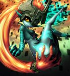  ass ass_grab blue_skin breasts deep_skin fang helmet highres imp living_hair long_hair low-tied_long_hair midna neon_trim nude one_eye_covered orange_hair pointy_ears prehensile_hair red_eyes skindentation small_breasts smile solo the_legend_of_zelda the_legend_of_zelda:_twilight_princess very_long_hair yellow_sclera yuqoi 