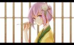  calligraphy_brush flower hair_flower hair_ornament hieda_no_akyuu lavender_eyes lavender_hair letterboxed paintbrush shiroshi_(denpa_eshidan) short_hair solo touhou upper_body 