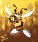  2012 antennae arm_cannon blue_eyes dated forehead_jewel helmet hexagon honey honey_woman insect_wings junkpuyo robot rockman rockman_(classic) rockman_9 solo weapon wings yellow 
