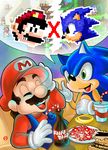  2boys absurdres alternate_color bag cap castle crossover drink drinks eyes_closed facial_hair fire_mario food grass green_eyes hand_on_head hat highres jewelry koopa_troopa laughing male male_focus mario mario_(series) miles_prower multiple_boys mushroom mustache nintendo piranha_plant plant ring rings rivals sega sonic sonic_the_hedgehog speech_bubble sprites super_mario_bros. suspenders warp_pipe 