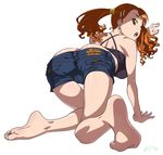  1girl :o all_fours anjou_naruko ano_hi_mita_hana_no_namae_wo_bokutachi_wa_mada_shiranai ano_hi_mita_hana_no_namae_wo_bokutachi_wa_mada_shiranai. ass barefoot brown_eyes brown_hair butt_crack denim earrings feet foreshortening from_behind hair_ornament hairclip highres huge_ass jewelry long_hair looking_back no_shoes revision short_shorts shorts simple_background soles solo star striped suna twintails white_background 