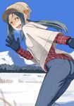  :d bad_id bad_pixiv_id blue_hair breath day gloves hat hood hood_down hoodie long_hair long_sleeves looking_at_viewer open_mouth original rano sky smile snow solo sweater waving yellow_eyes 