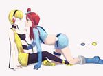  all_fours bad_id bad_pixiv_id blonde_hair blue_footwear bookshelf boots bow cable choker elbow_gloves finger_to_mouth fuuro_(pokemon) gloves gym_leader hair_bow headphones hometown kamitsure_(pokemon) long_hair multiple_girls naughty_face pantyhose pokemon pokemon_(game) pokemon_bw red_hair short_shorts shorts smile thigh_strap topknot yuri 