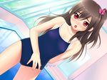  blush brown_hair game_cg hanano_misaki nonohara_miki pool red_eyes school_swimsuit swimsuit tonari_no_puu-san 