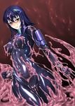  angry blue_eyes blue_hair blush bodysuit breasts cameltoe covered_navel covered_nipples glasses gloves hair_ornament hairclip large_breasts latex nijou_reiko original rindou_(radical_dream) shiny shiny_clothes skin_tight slime solo thigh_gap 