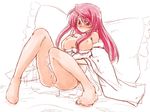  absurdres blush bottomless breasts breasts_outside detached_sleeves embarrassed highres knees_together_feet_apart large_breasts long_hair maou_(maoyuu) maoyuu_maou_yuusha nipples ounen pigeon-toed pillow pink_eyes pink_hair pussy reclining solo uncensored 