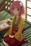  calligraphy_brush flower hair_flower hair_ornament hieda_no_akyuu inkwell paintbrush pillow pink_eyes pink_hair robe seiza shiroshi_(denpa_eshidan) short_hair sitting sliding_doors solo tatami touhou 