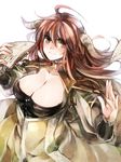  ahoge allenkung1 blush bookmark breasts brown_eyes brown_hair bustier cleavage demon_girl dress horns huge_breasts long_hair maou_(maoyuu) maoyuu_maou_yuusha notes smile solo 