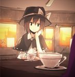  black_capelet brown_hair capelet chin_rest cup hat magical_astronomy maribel_hearn saucer shiroshi_(denpa_eshidan) short_hair smile solo steam stuffed_animal stuffed_toy teacup teddy_bear touhou usami_renko 