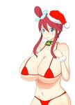  1girl bell bikini blue_eyes breasts christmas cleavage fuuro_(pokemon) gym_leader hat highres huge_breasts pokemon red_hair santa_costume santa_hat solo swimsuit 