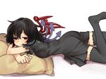  ass asymmetrical_wings black_hair black_legwear breasts dress houjuu_nue lying medium_breasts on_stomach pillow pine red_eyes solo thighhighs touhou white_background wings zettai_ryouiki 