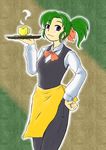  bad_id bad_pixiv_id coffee cup earrings green_hair hair_ribbon hand_on_hip hatsuseno_alpha jewelry kaname_(t-to-fu) plate ponytail purple_eyes ribbon solo tray waitress yokohama_kaidashi_kikou 