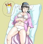  1girl black_hair breasts dreaming flan food fruit highres itou_yukino large_breasts plump pudding real_drive sleeping strawberry 