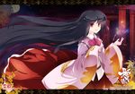  black_hair branch dress hime_cut houraisan_kaguya japanese_clothes jeweled_branch_of_hourai letterboxed long_hair long_sleeves open_mouth red_eyes smile solo tokiame touhou wide_sleeves 