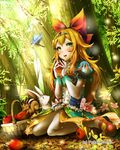  animal apple bird blonde_hair blush bow bunny circlet flower food forest fruit gloves green_eyes hair_ornament long_hair looking_at_viewer mary_janes nature open_mouth ribbon shoes sitting smile squirrel tree unmei_no_clan_battle yana_(nekoarashi) 