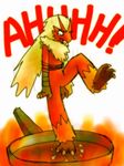  ambiguous_gender blaziken burning chest_tuft crying fire frying_pan fur hindpaw hotfoot jumping nintendo on_one_leg pain paws plain_background pok&#233;mon pok&eacute;mon shout solo tear tears tuft unknown_artist video_games white_background 