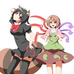 alternate_hair_color alternate_hairstyle asymmetrical_wings bow breasts cosplay costume_switch disguise flat_chest futatsuiwa_mamizou highres houjuu_nue large_breasts leaf leaf_on_head multiple_girls pose raccoon_tail short_hair skirt smile switch tail tanuki thighhighs toho-77 touhou wings 