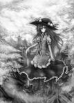  acryl cloud cloudy_sky food fruit greyscale hat hinanawi_tenshi long_hair monochrome mountain peach planted_sword planted_weapon puffy_sleeves shirt short_sleeves skirt sky solo standing sword touhou weapon 