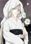  1girl absurdres blonde_hair blue_eyes copyright_request flower highres holding holding_umbrella hood japanese_clothes kimono long_hair looking_at_viewer mouth_hold oriental_umbrella solo uchikake umbrella white_kimono 