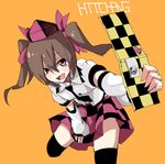  black_legwear brown_hair cellphone checkered checkered_skirt detached_sleeves dress_shirt hat heart himekaidou_hatate long_hair necktie open_mouth phone pink_eyes shiroshi_(denpa_eshidan) shirt sketch skirt smile solo thighhighs tokin_hat touhou twintails 