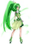  boots bow cure_march dress from_behind green green_eyes green_hair green_skirt highres long_hair looking_back magical_girl midorikawa_nao nukosann ponytail precure skirt smile_precure! solo tiara tri_tails very_long_hair wind wrist_cuffs 