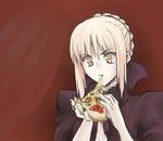  artoria_pendragon_(all) blonde_hair braid eating fate/stay_night fate_(series) food french_braid gothic_lolita hair_bun lolita_fashion nail_polish pale_skin pizza saber saber_alter short_hair sidelocks solo tusia yellow_eyes 