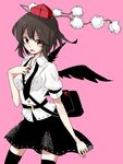  bag black_hair black_legwear dress_shirt hat looking_at_viewer necktie open_collar open_mouth red_eyes shameimaru_aya shiroshi_(denpa_eshidan) shirt short_hair shoulder_bag skirt solo thighhighs tokin_hat touhou wings 