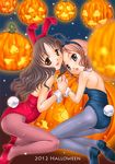  animal_ears ass blurry brown_eyes brown_hair bunny_ears bunny_girl bunny_tail bunnysuit copyright_request depth_of_field jack-o'-lantern kayazu_taira multiple_girls pantyhose pumpkin tail 