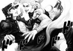  battle bracelet chain dio_brando duel fingernails gakuran greyscale hat jewelry jojo_no_kimyou_na_bouken kuujou_joutarou lipstick long_coat long_fingernails magatsumagic makeup male_focus monochrome multiple_boys muscle nail_polish school_uniform 