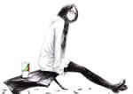  bench black_hair braid can coat full_body glasses hair_over_shoulder leaf long_hair mary_janes monochrome original pantyhose shoes simple_background single_braid sitting snow solo sousou_(sousouworks) spot_color white_background winter 