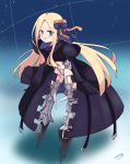  1girl :q abigail_williams_(fate/grand_order) bangs black_jacket blonde_hair blue_bow blue_eyes blush bow closed_mouth commentary_request cosplay crotch_plate eyebrows_visible_through_hair eyes_visible_through_hair fate/extra fate/extra_ccc fate/grand_order fate_(series) forehead full_body hair_bow highres jacket juliet_sleeves kujou_karasuma long_hair long_sleeves looking_at_viewer meltlilith meltlilith_(cosplay) navel orange_bow parted_bangs puffy_sleeves signature sleeves_past_fingers sleeves_past_wrists smile solo spikes standing tongue tongue_out v-shaped_eyebrows very_long_hair 