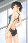  amagami ass back black_hair butt_crack competition_swimsuit from_behind hand_on_hip kishida-shiki lips looking_back one-piece_swimsuit ponytail purple_eyes smile solo swimsuit tsukahara_hibiki 