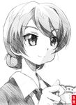  braid cup darjeeling girls_und_panzer gofu greyscale monochrome school_uniform short_hair smile solo spot_color st._gloriana's_school_uniform teacup uniform 