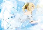  ahoge artoria_pendragon_(all) bad_id bad_pixiv_id blonde_hair blue_eyes bow detached_sleeves dress fate/stay_night fate/unlimited_codes fate_(series) hair_bow long_hair ponytail rin_(royal) saber saber_lily solo 