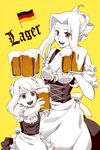  :d alcohol bad_id bad_pixiv_id barmaid beer breasts cleavage dirndl eiji_(europe) fate/stay_night fate/zero fate_(series) flag german german_clothes german_flag illyasviel_von_einzbern irisviel_von_einzbern medium_breasts monochrome mother_and_daughter multiple_girls oktoberfest open_mouth simple_background smile underbust yellow_background 