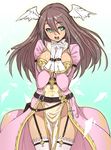  alternate_color alternate_costume belt breasts brown_hair cross garter_straps gloves green_eyes hands_clasped head_wings high_priest houtengeki large_breasts long_hair no_panties open_mouth own_hands_together pelvic_curtain ragnarok_online smile solo thighhighs white_gloves white_legwear 