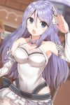  1girl absurdres blue_eyes blurry blurry_background breasts cleavage collarbone commentary_request detached_sleeves gem hair_between_eyes headband highres hoshino_shizuru large_breasts long_hair looking_at_viewer masa_masa open_mouth princess_connect! princess_connect!_re:dive purple_hair salute sleeveless solo 