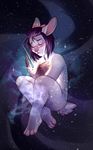  ambiguous_gender bow crossed_arms crossed_legs demicoeur eyes_closed eyewear female fur glasses hair lagomorph mammal nude purple_fur purple_hair rabbit solo space stars swayzie 