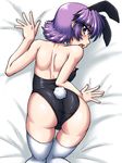  all_fours animal_ears ass back bed_sheet blue_eyes bunny_ears bunny_tail bunnysuit cameltoe choker from_behind kneepits latooni_subota looking_back open_mouth purple_hair short_hair solo super_robot_wars super_robot_wars_original_generation tail taro thigh_gap thighhighs white_legwear 