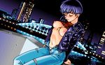  1girl 4bpp black_hair blush breasts breasts_out breasts_outside bridge city denim dutch_angle game_cg jacket jeans large_breasts night nipples ocean oldschool outdoors panties pants pc98 pose posing sea shirt_lift short_hair sitting solo underwear 