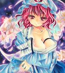  anor blush breasts cherry_blossoms cleavage fan flower folding_fan hat japanese_clothes large_breasts millipen_(medium) paper_fan pastel_(medium) petals pink_eyes pink_hair ribbon saigyouji_yuyuko short_hair smile solo touhou traditional_media triangular_headpiece undressing wide_sleeves 