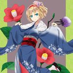  alice_margatroid alternate_costume bag blonde_hair blue_eyes bow clog_sandals flower hair_bow hair_flower hair_ornament hairband japanese_clothes kimono nabeshima_tetsuhiro obi pantyhose ribbon sash short_hair solo touhou white_legwear 