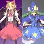  :d bad_id bad_pixiv_id blonde_hair boots bow bowtie cape chain column_lineup cross-laced_footwear culter demon_wings elis_(touhou) fingernails flower ghost green_eyes green_hair hair_bow hair_flower hair_ornament hat juliet_sleeves long_fingernails long_hair long_skirt long_sleeves mima multiple_girls open_mouth outstretched_hand pointy_ears puffy_sleeves red_eyes skirt skirt_set slit_pupils smile smirk touhou touhou_(pc-98) vest wand wings 