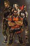  3boys axton_(borderlands) bad_deviantart_id bad_id beard belt blue_hair borderlands borderlands_2 brown_eyes brown_hair casey facial_hair gloves helmet maya_(borderlands) multiple_boys salvador_(borderlands) siren_(borderlands) smile standing tattoo zer0 