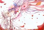  blurry cloak depth_of_field flower from_side fujiwara_no_mokou long_hair looking_at_another multiple_girls patchouli_knowledge petals purple_hair ram_hachimin rose rose_petals silver_hair striped tears touhou yuri 