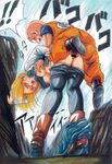  1boy 1girl against_wall android_18 areolae bald bent_over blonde_hair blue_eyes boots breast_grab breasts censored clothed_sex dragon_ball dragonball_z feet from_behind garland_(rehabilitation) grabbing highres jacket kuririn legs looking_back medium_breasts nail_polish nipples no_bra no_panties open_mouth pants_pull sex shirt_lift short_hair skirt sweat thighs vaginal 