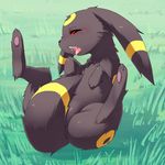  black_fur blueberry convenient_censorship covering covering_self eeveelution fur grass hindpaw lying nintendo nude on_back open_mouth paws pok&#233;mon pok&eacute;mon red_eyes saliva shy solo spread_legs spreading tongue umbreon video_games 