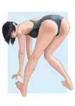  amagami ass bad_id bad_pixiv_id barefoot bent_over black_hair competition_swimsuit kneepits legs long_legs looking_back one-piece_swimsuit open_mouth osomatu-sama solo striped striped_background swimsuit tsukahara_hibiki tsurime 